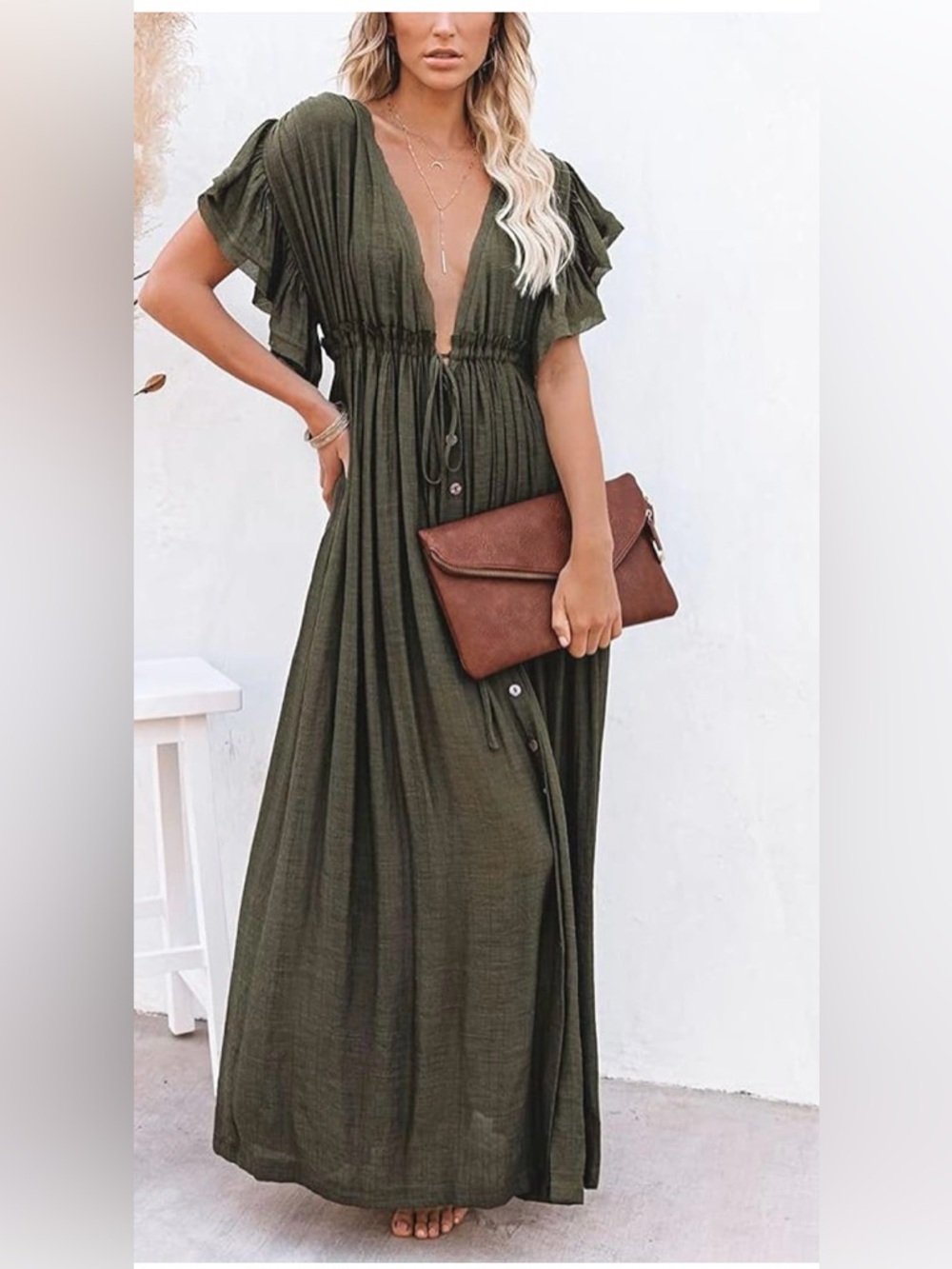 Flawless Women Sz S Empire Maxi Dress Ruffle Short Sleeve  Olive Green [🩷-2]